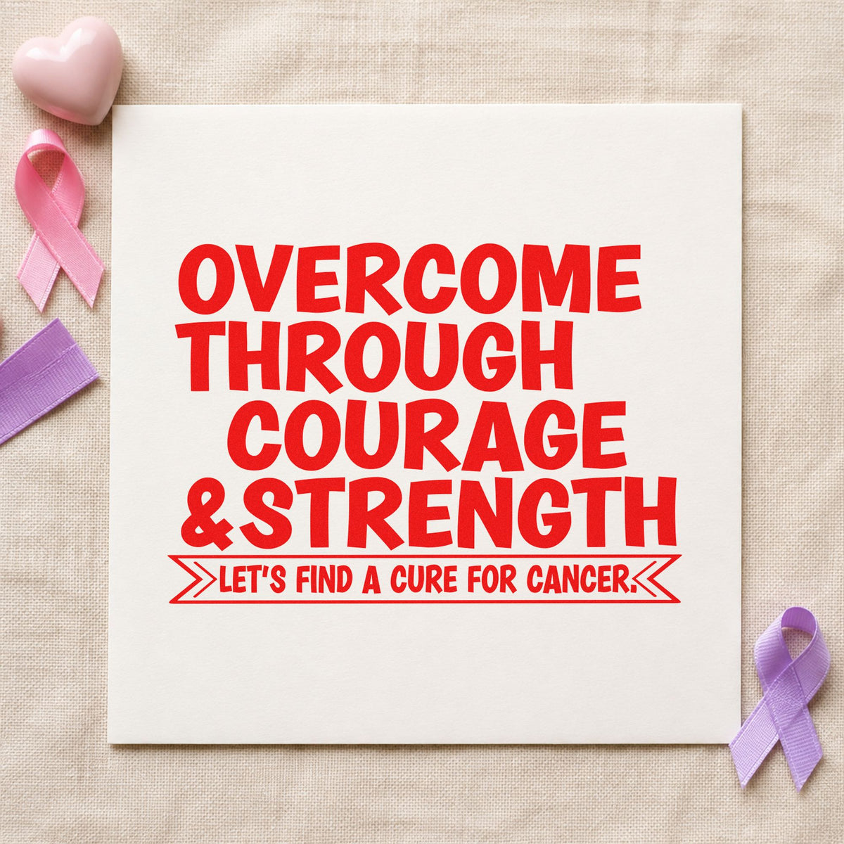 Overcome Through Courage rubber stamp shown in red ink, stamped for projects such as office support cards.