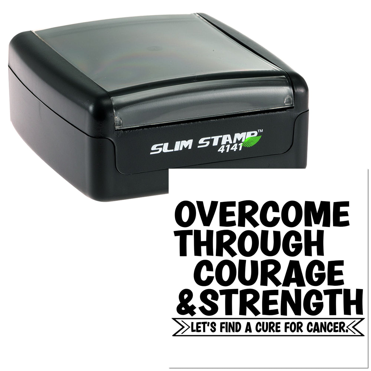 Black self-inking stamp and seal, Slim Stamp 4141, with bold black cancer-awareness text on a white background.