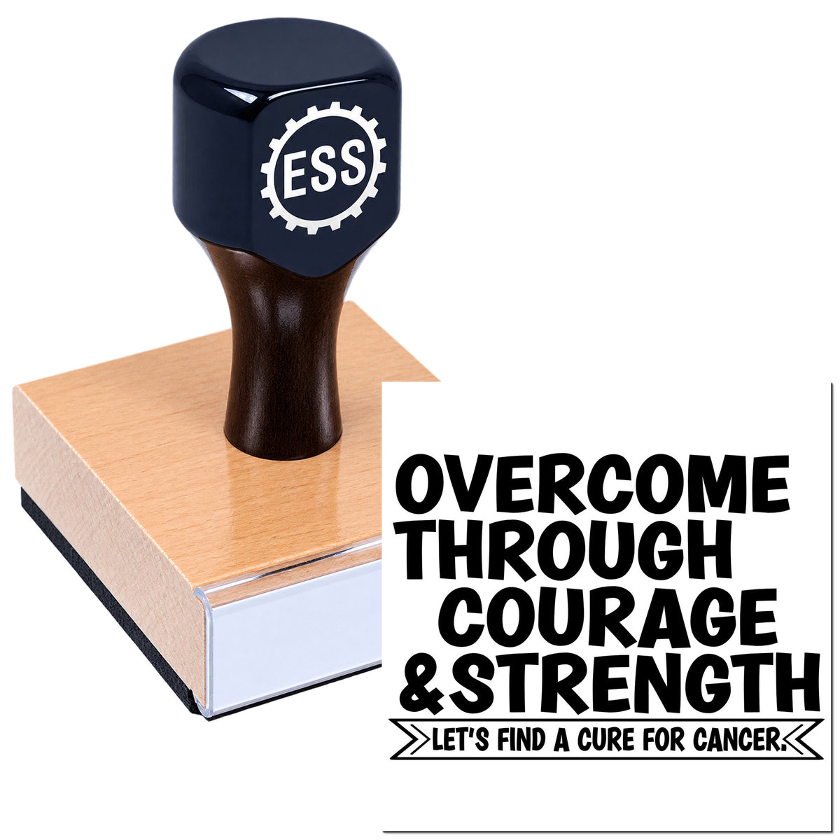Dark navy ESS custom stamp and seal on pink block with white logo and bold black motivational text about courage and strength.