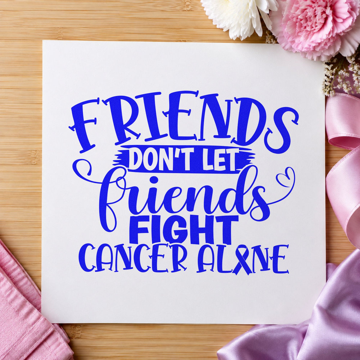 Friends Don't Fight Alone craft stamp imprinted in blue ink on paper, a design suited to group gift tags.