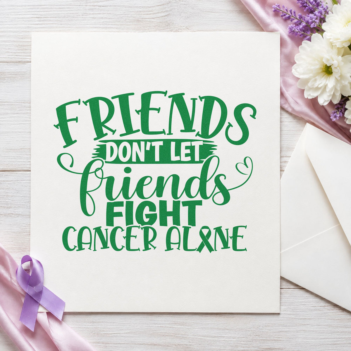 Friends Don't Fight Alone craft stamp imprint in green ink on a handmade project, one idea being coffee gift card tags.
