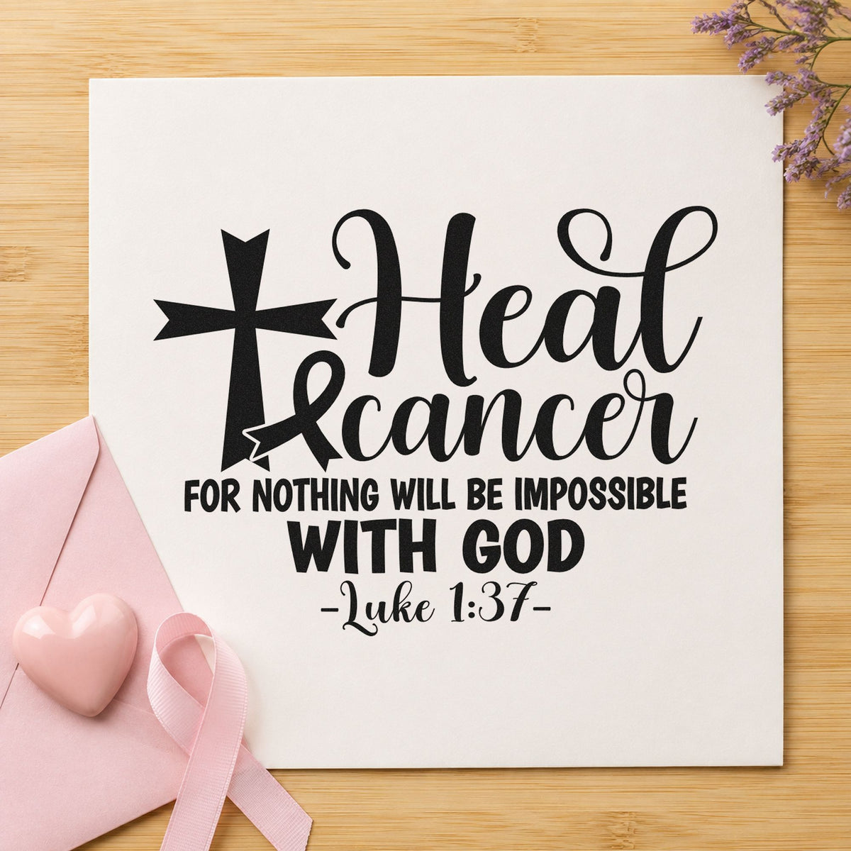 Heal Cancer with God craft stamp imprint in black ink on a handmade project, one idea being healing journal covers.