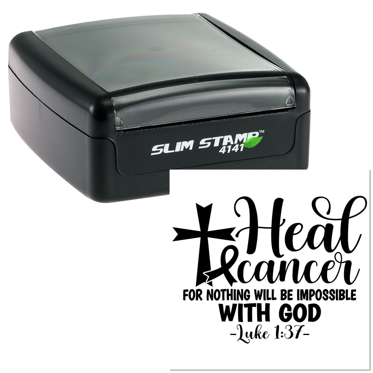 Black slim self-inking stamp and seal with green logo, cross motif, and Christian text Heal Scanner with Luke 1:37.