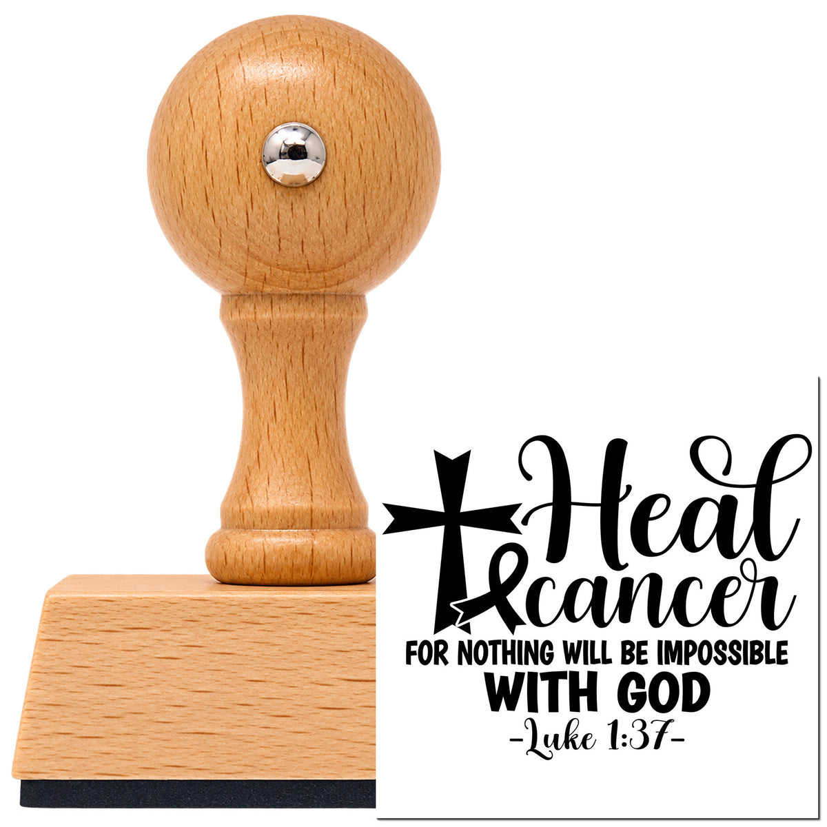 Vintage Pro beech wood stamp with a round knob handle, shown with its black Heal Cancer With God imprint on white.
