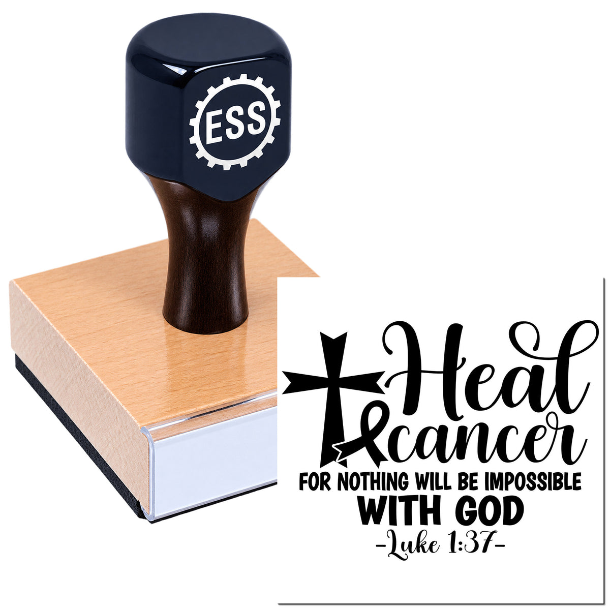 Black ESS stamp with dark handle and pink wooden base, shown beside a Heal Cancer seal design in bold black script.
