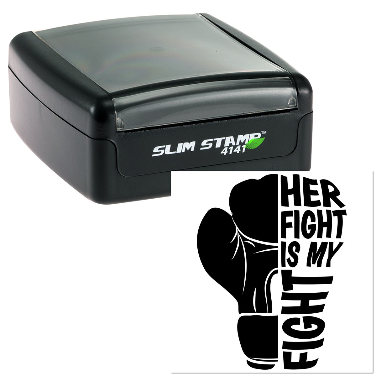 Black self-inking Slim Stamp 4141 and matching seal with a boxing glove graphic and bold Her fight is my fight text.