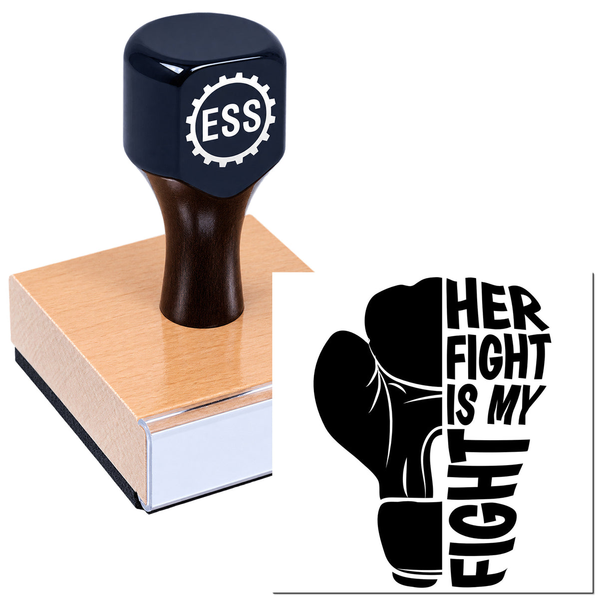 Dark navy ESS rubber stamp on tan wood base beside black boxing-glove seal reading "Her Fight Is My Fight"