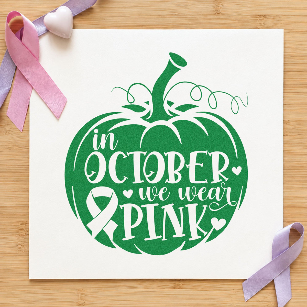 October Pink Pumpkin craft stamp in green ink on cardstock, an easy option for pumpkin patch signs.