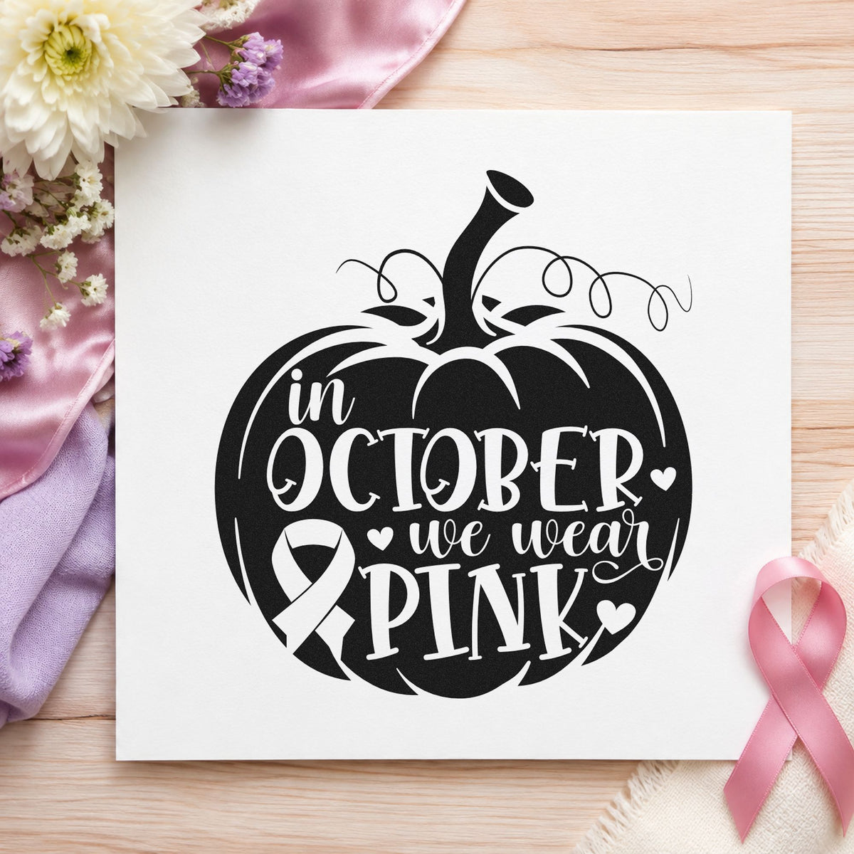 October Pink Pumpkin craft stamp imprint in black ink on a handmade project, one idea being pink gourd coloring.