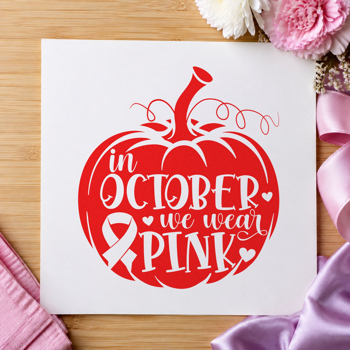 October Pink Pumpkin rubber stamp shown in red ink, stamped for projects such as porch pumpkin displays.