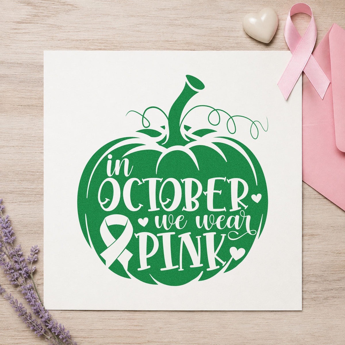 October Pink Pumpkin craft stamp imprint in green ink on a handmade project, one idea being office treat tent cards.