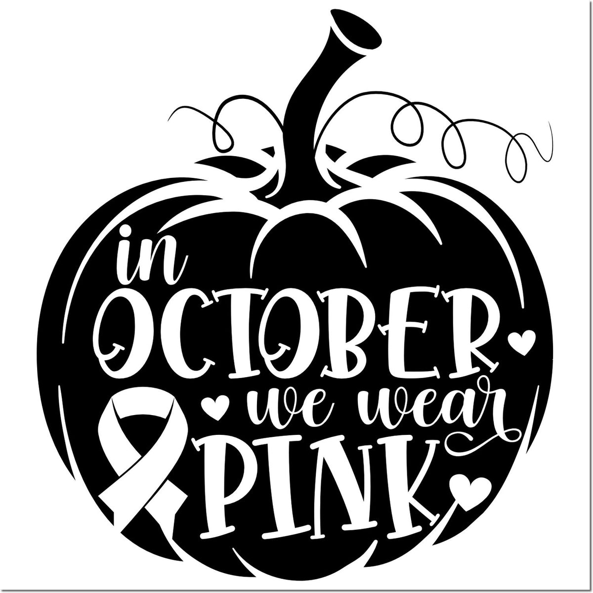 Black pumpkin stamp seal design with white In October we wear pink text, pink ribbon, and hearts for breast cancer awareness.