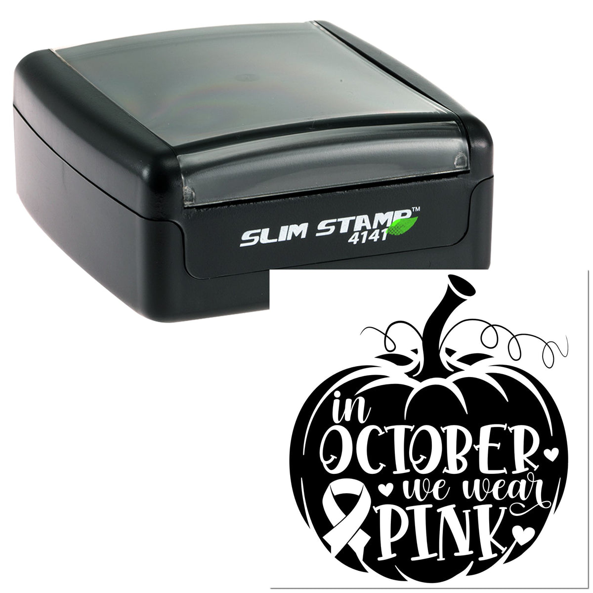Black self-inking slim stamp with translucent lid and pumpkin seal design reading in October we wear pink.