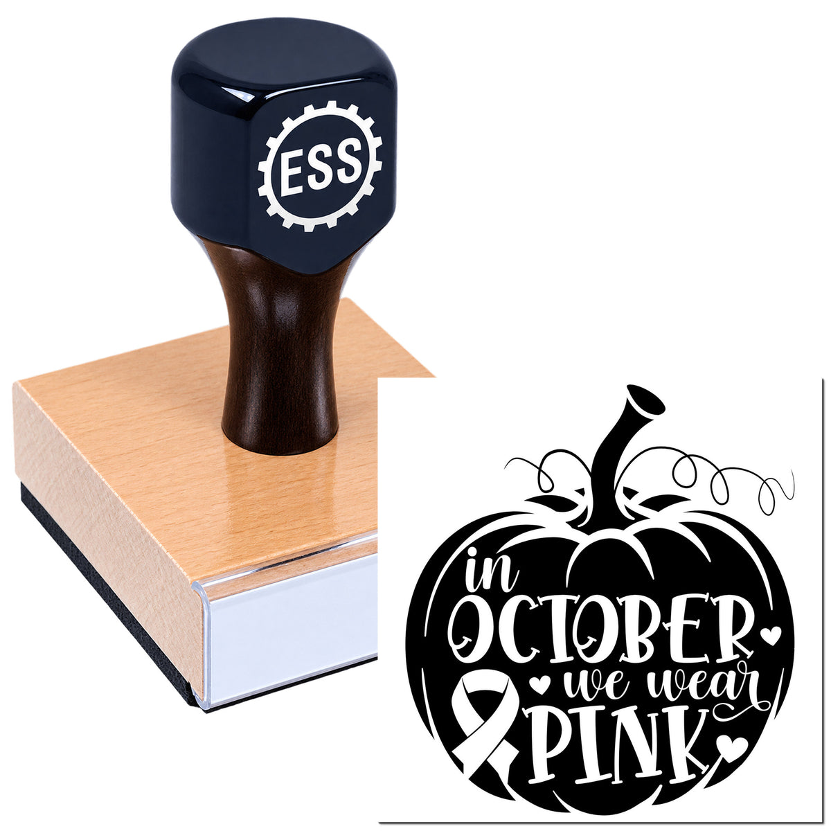 Black ESS custom stamp on a wood-mounted seal block beside a black pumpkin seal reading "in October we wear PINK."