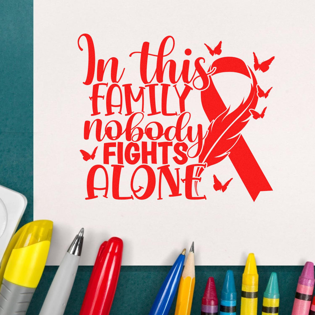 Bright red anti-bullying stamp seal with ribbon, butterflies, and In this family nobody fights alone on white.