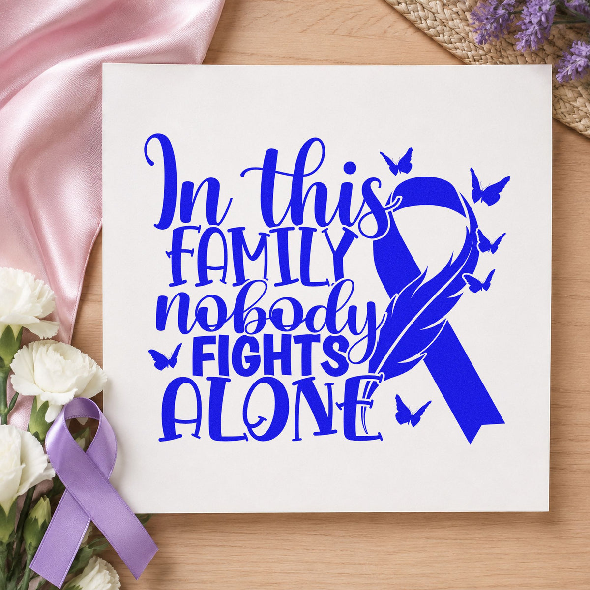 Family Fights Together craft stamp in blue ink on cardstock, an easy option for kids' butterfly cards.