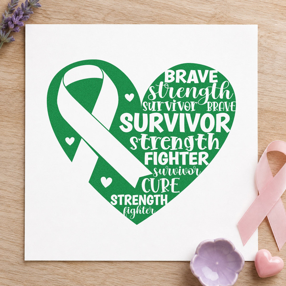 Survivor Ribbon Heart craft stamp in green ink on cardstock, an easy option for remission party invites.