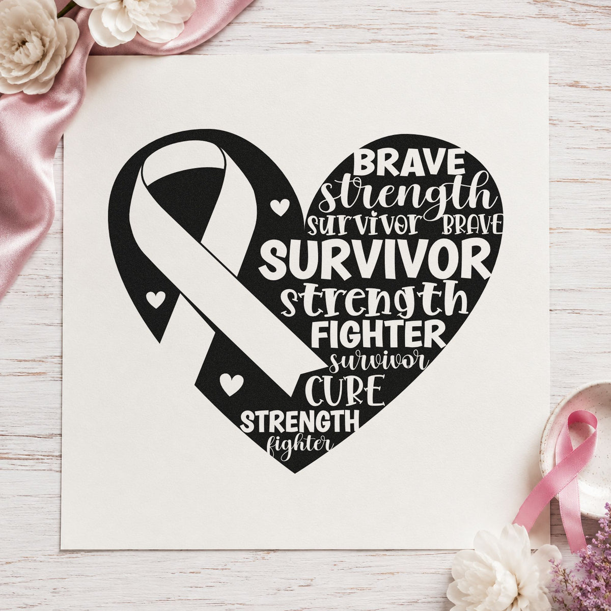 Survivor Ribbon Heart craft stamp imprint in black ink on a handmade project, one idea being scrapbook victory pages.