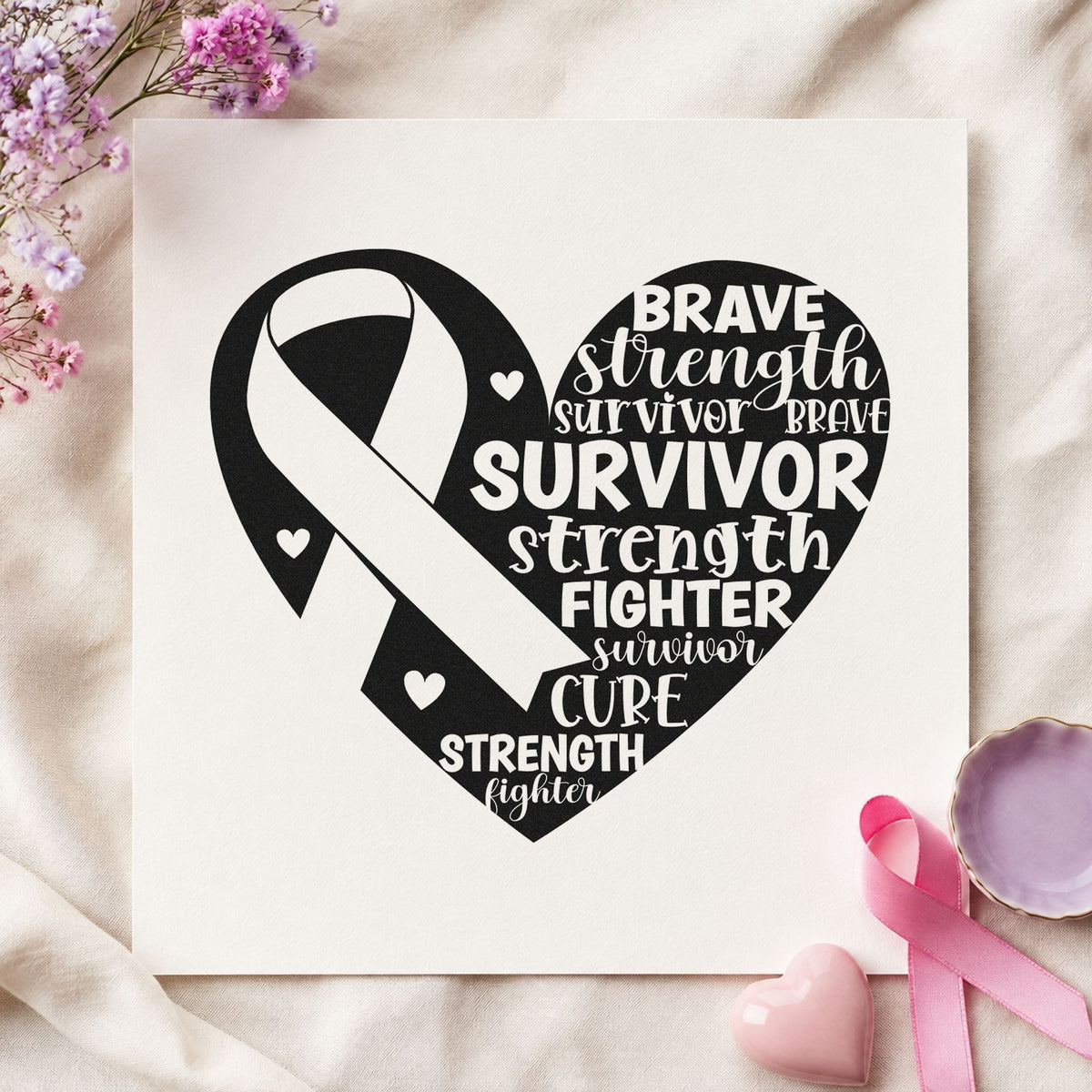 Survivor Ribbon Heart rubber stamp printed in black ink, ready for survivor walk tees and similar paper crafts.