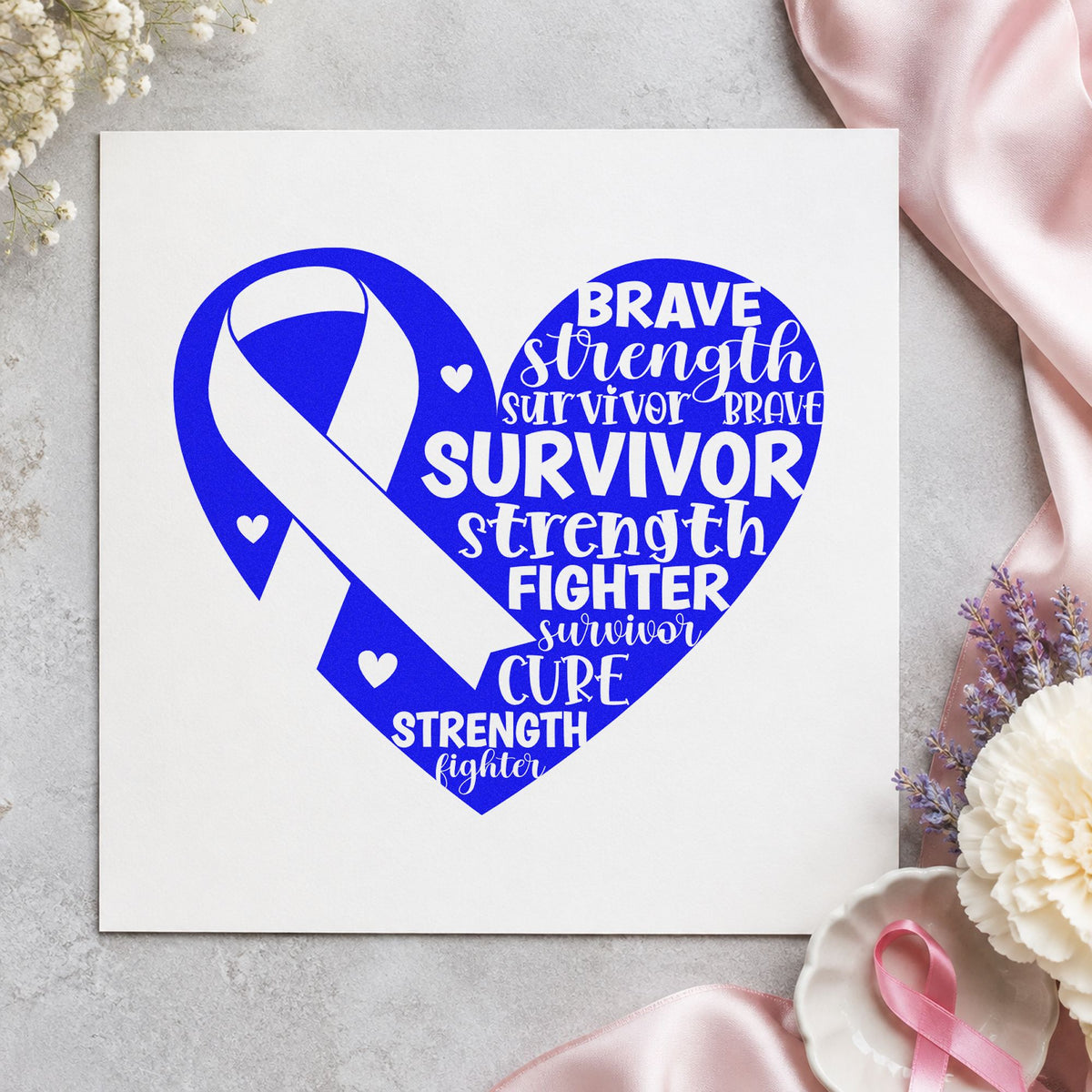 Survivor Ribbon Heart craft stamp in blue ink on cardstock, an easy option for anniversary gift tags.