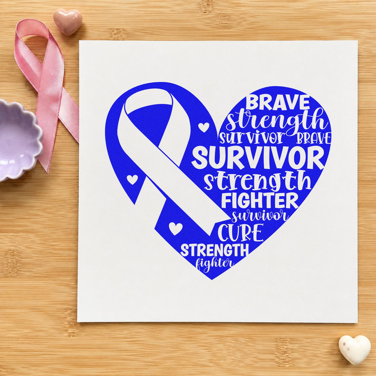 Survivor Ribbon Heart craft stamp imprinted in blue ink on paper, a design suited to framed keepsake art.