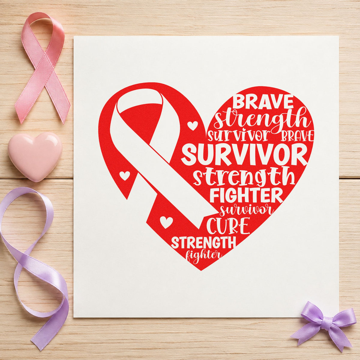 Survivor Ribbon Heart rubber stamp shown in red ink, stamped for projects such as honoree certificates.