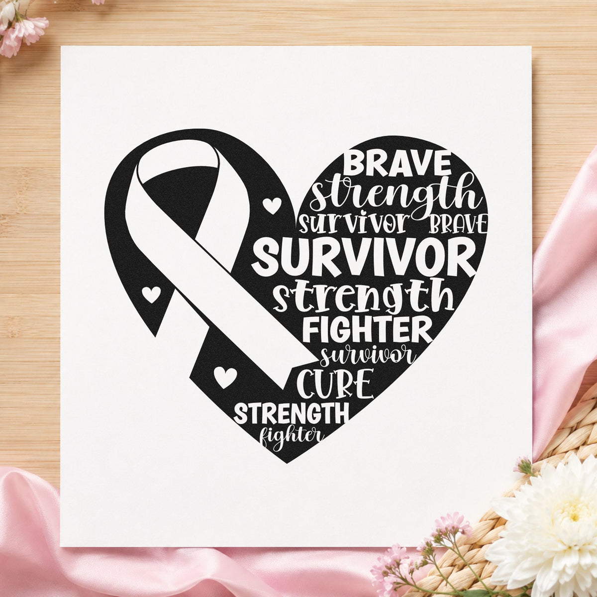 Survivor Ribbon Heart rubber stamp printed in black ink, ready for victory cards and similar paper crafts.