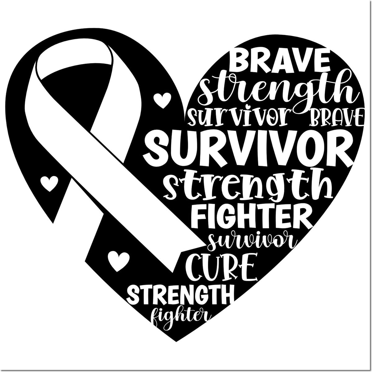 Black-and-white heart stamp seal with white awareness ribbon, small hearts, and brave strength survivor fighter cure text.