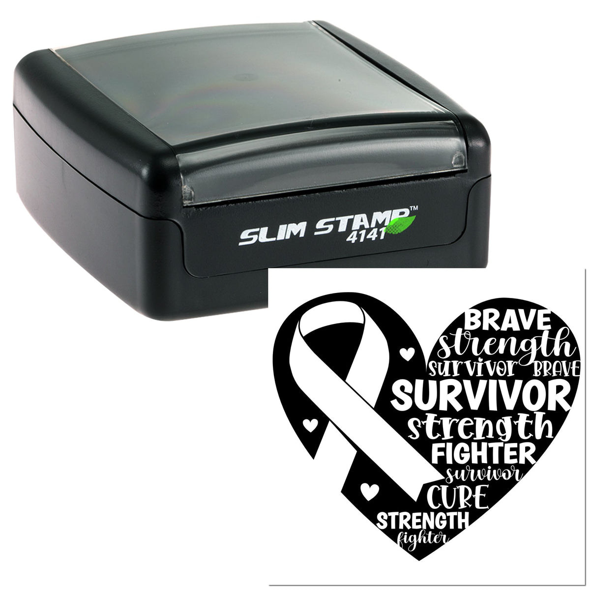 Black slim self-inking stamp with transparent top and survivor heart seal featuring white cancer ribbon, hearts, and bold text.