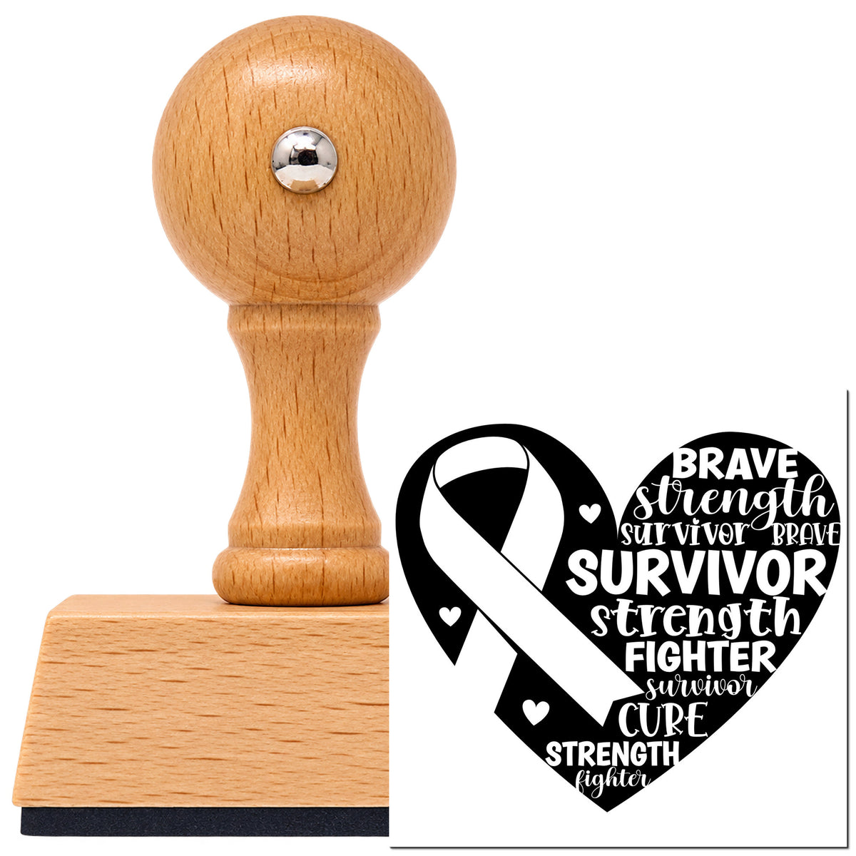 Vintage Pro beech wood stamp with a round knob handle, shown with its black Survivor Ribbon Heart imprint on white.