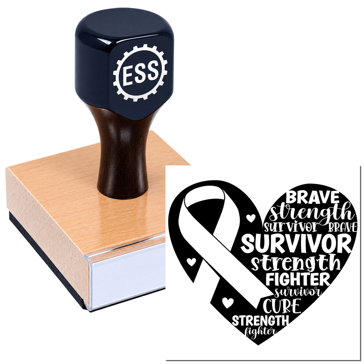 Black ESS rubber stamp on pink base beside a black heart seal with white breast cancer ribbon and survivor-strength text.