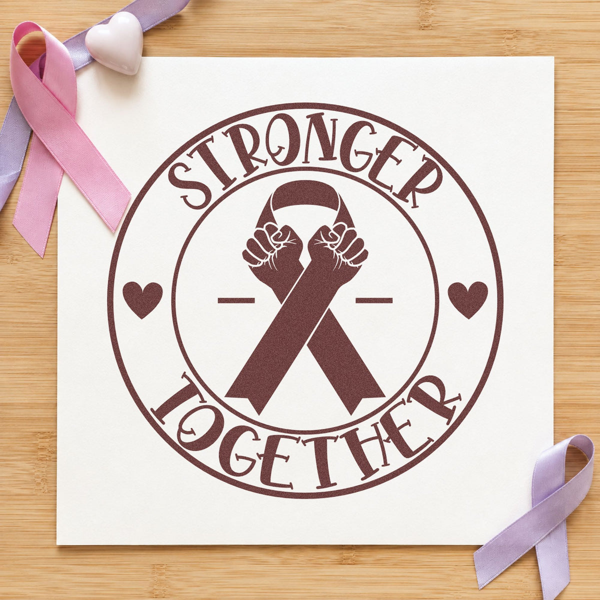 Stronger Together Ribbon Badge craft stamp imprint in brown ink on a handmade project, one idea being wristband display cards.