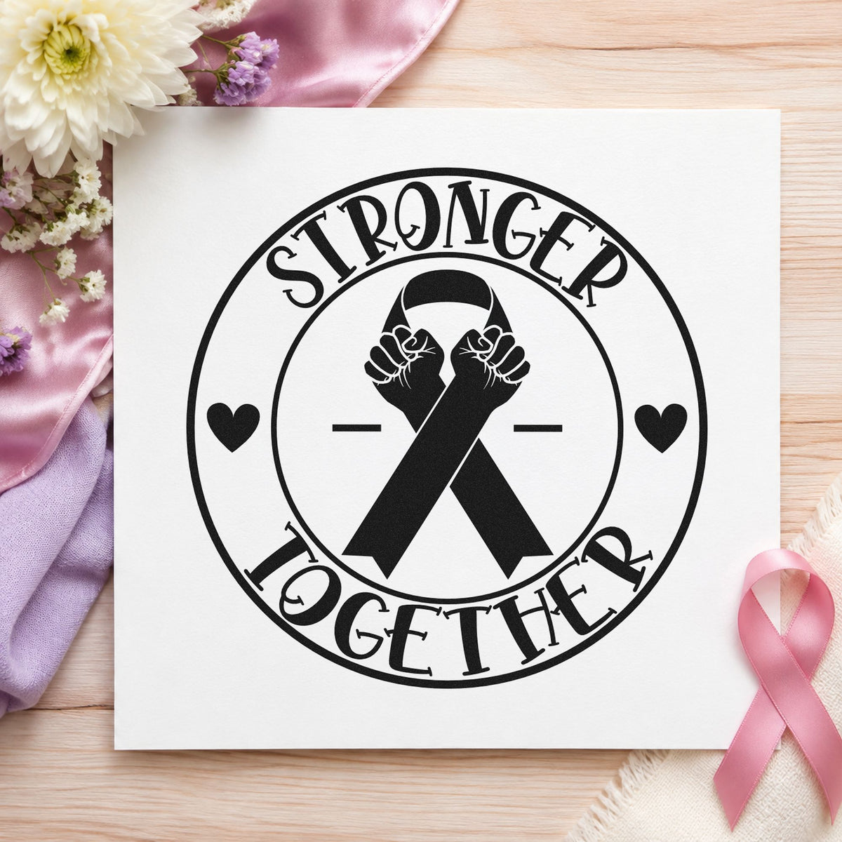 Stronger Together Ribbon Badge rubber stamp printed in black ink, ready for scrapbook team pages and similar paper crafts.