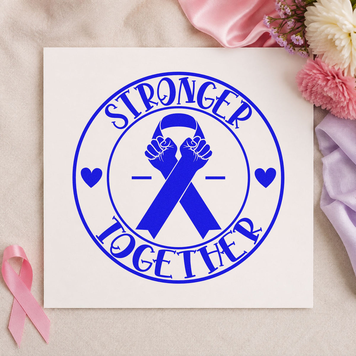 Stronger Together Ribbon Badge craft stamp imprinted in blue ink on paper, a design suited to care basket tags.
