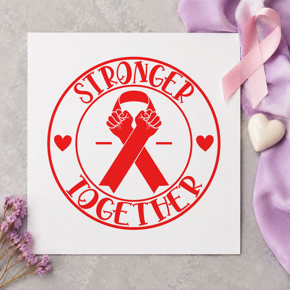 Stronger Together Ribbon Badge rubber stamp shown in red ink, stamped for projects such as locker room signs.
