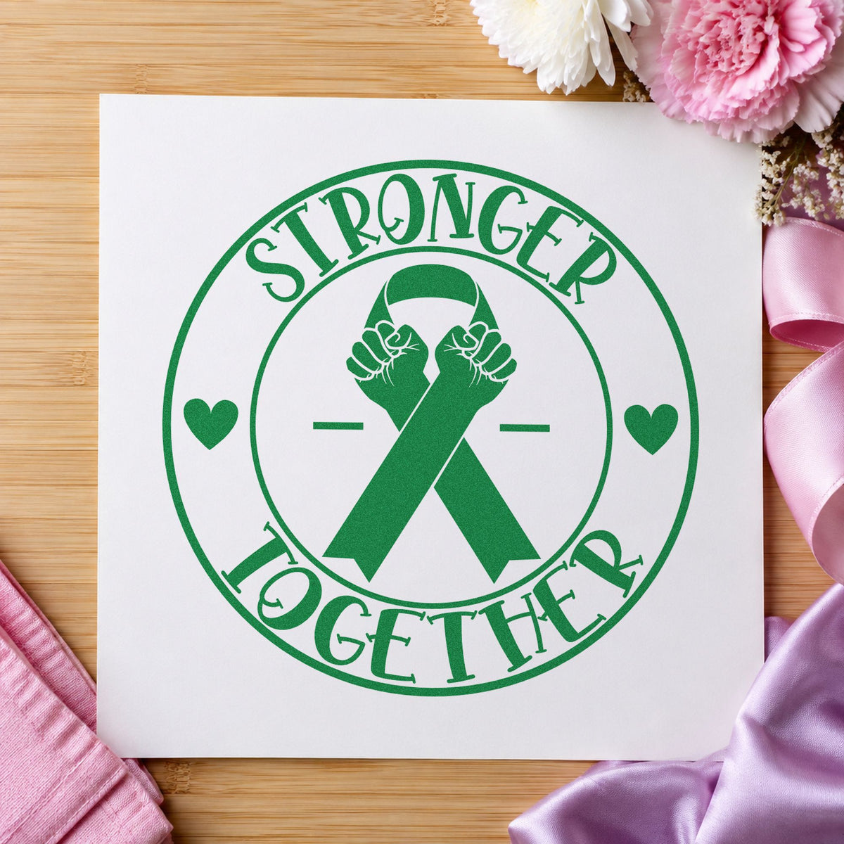Stronger Together Ribbon Badge craft stamp imprint in green ink on a handmade project, one idea being poster board crafts.