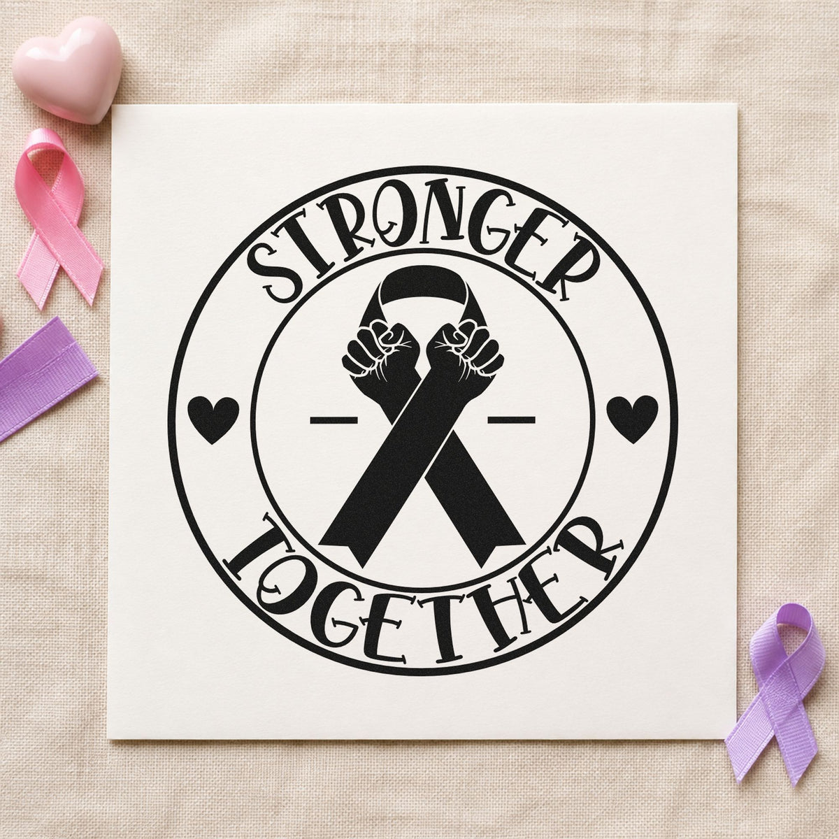 Stronger Together Ribbon Badge rubber stamp printed in black ink, ready for rally cards and similar paper crafts.