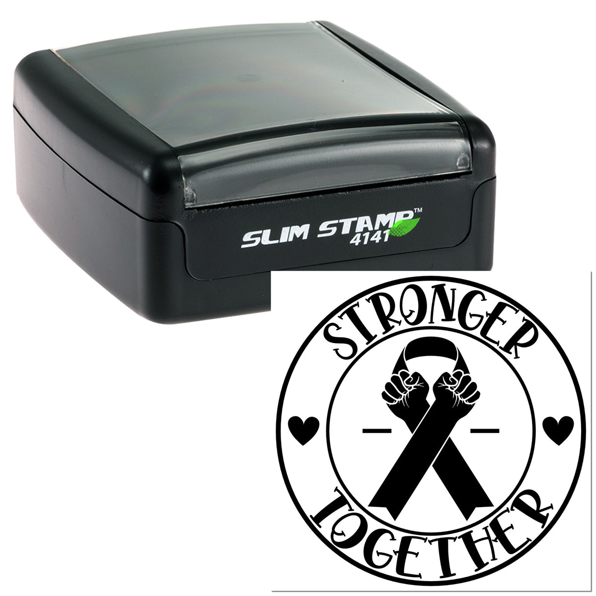 Black self-inking Slim Stamp 4141 with circular Stronger Together seal, black-and-white, ribbon and hearts.