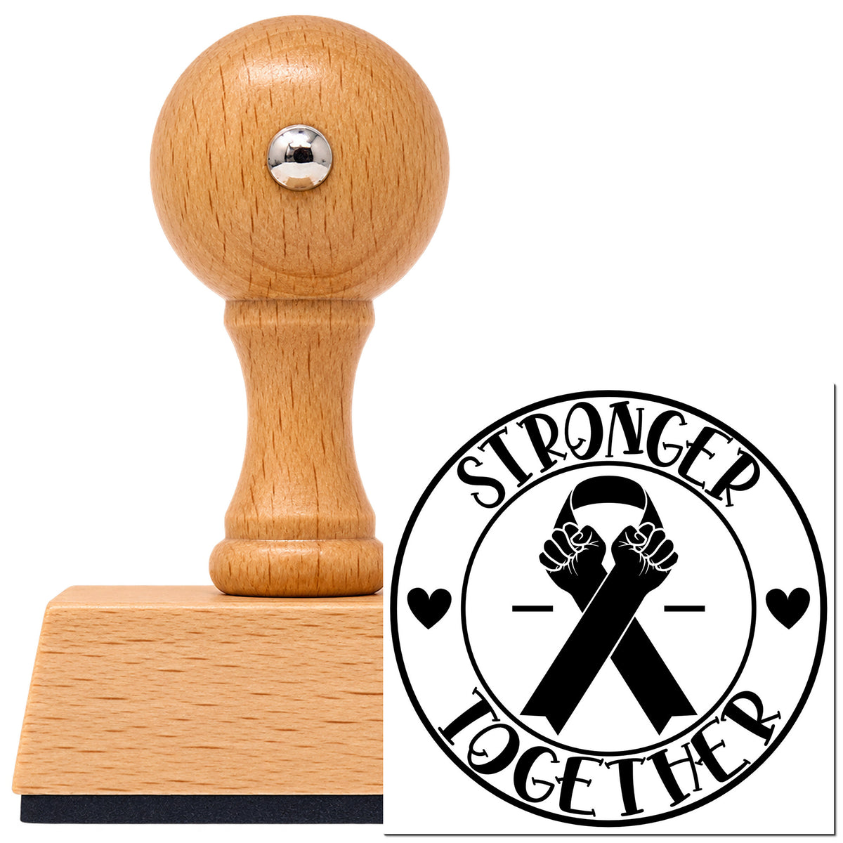 Vintage Pro beech wood stamp with a round knob handle, shown with its black Stronger Together Ribbon Emblem imprint on white.
