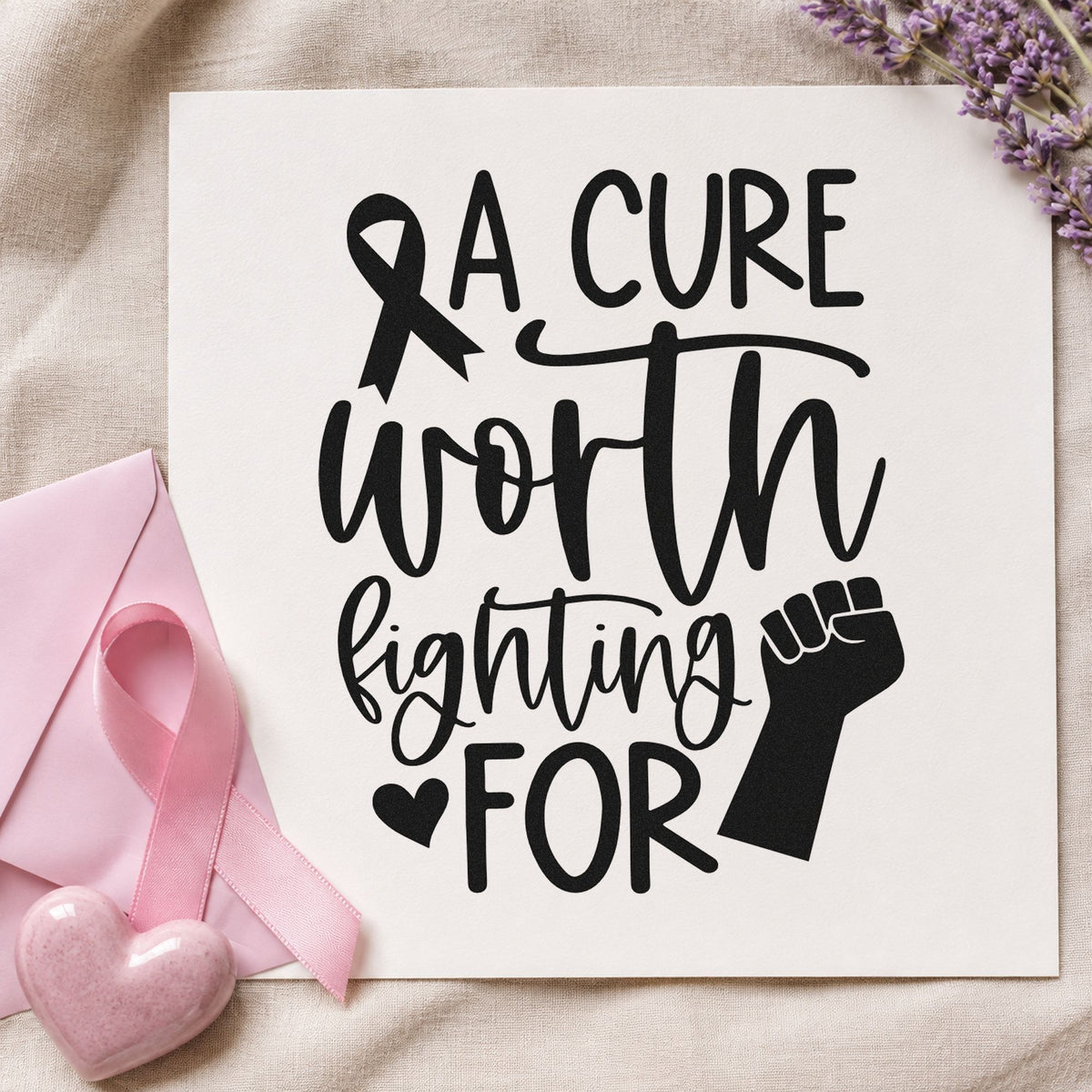 A Cure Worth Fighting For craft stamp imprint in black ink on a handmade project, one idea being fundraiser run bibs.