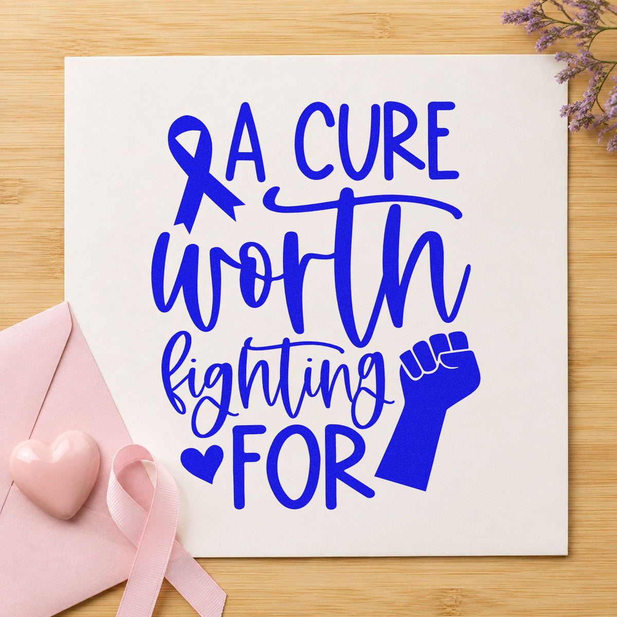 A Cure Worth Fighting For craft stamp in blue ink on cardstock, an easy option for scrapbook event pages.