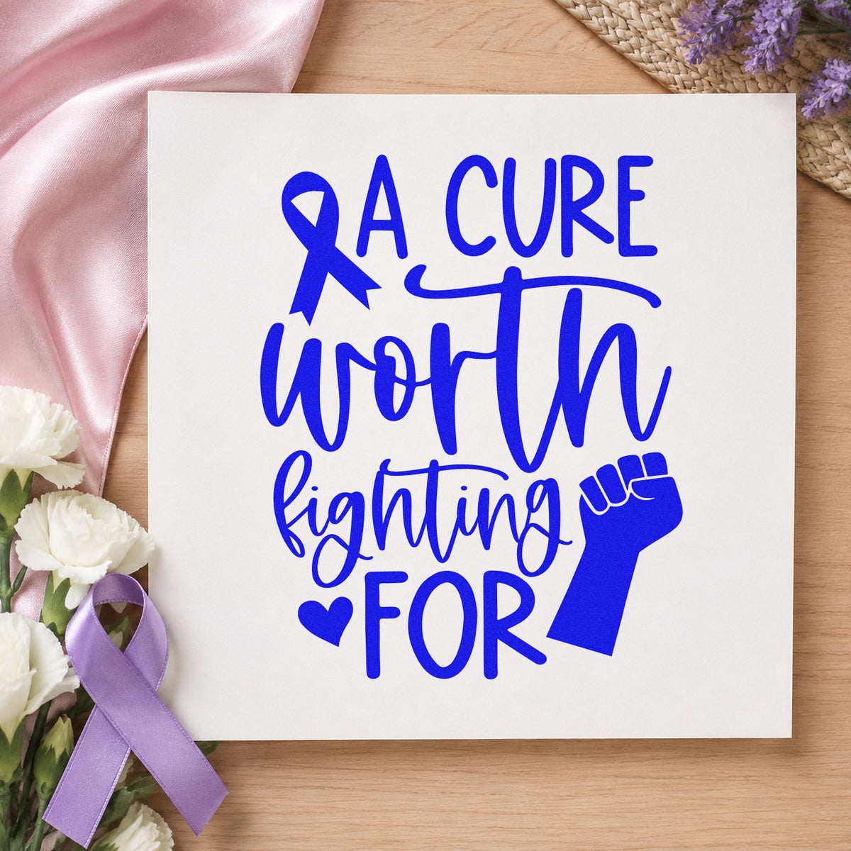 A Cure Worth Fighting For craft stamp imprinted in blue ink on paper, a design suited to bake sale price tags.