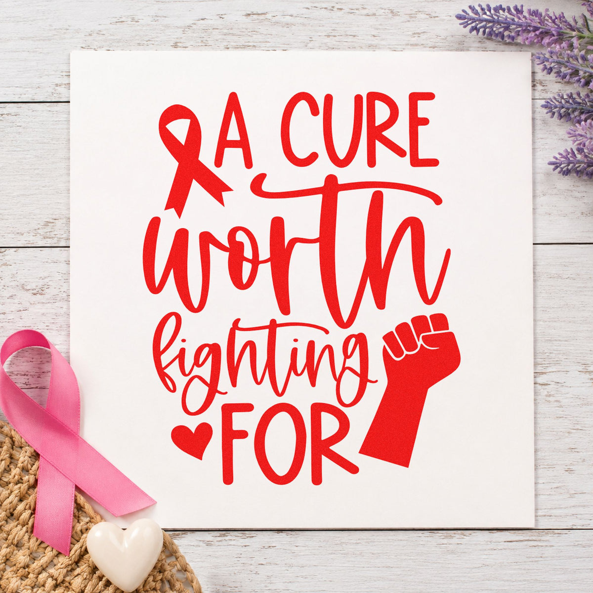 A Cure Worth Fighting For rubber stamp shown in red ink, stamped for projects such as classroom coin drives.