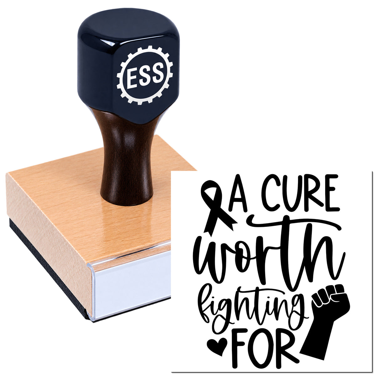 Black ESS rubber stamp on a wooden block with an "A Cure Worth Fighting For" seal, black ribbon and fist on white background.