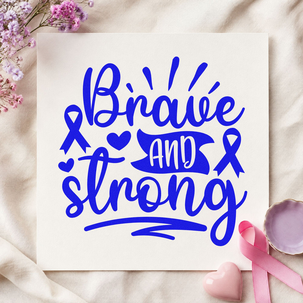 Brave and Strong Ribbons craft stamp in blue ink on cardstock, an easy option for walk team shirts.