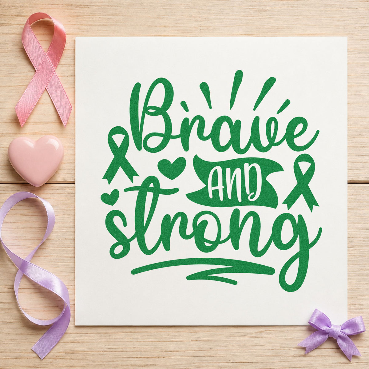 Brave and Strong Ribbons craft stamp imprint in green ink on a handmade project, one idea being hospital door signs.