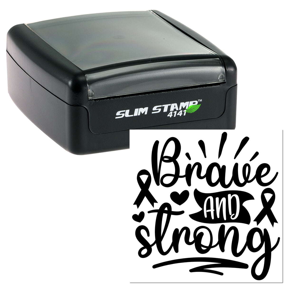 Black slim self-inking stamp and seal, black and gray, with Bella and Strong lettering, hearts, and ribbon accents.