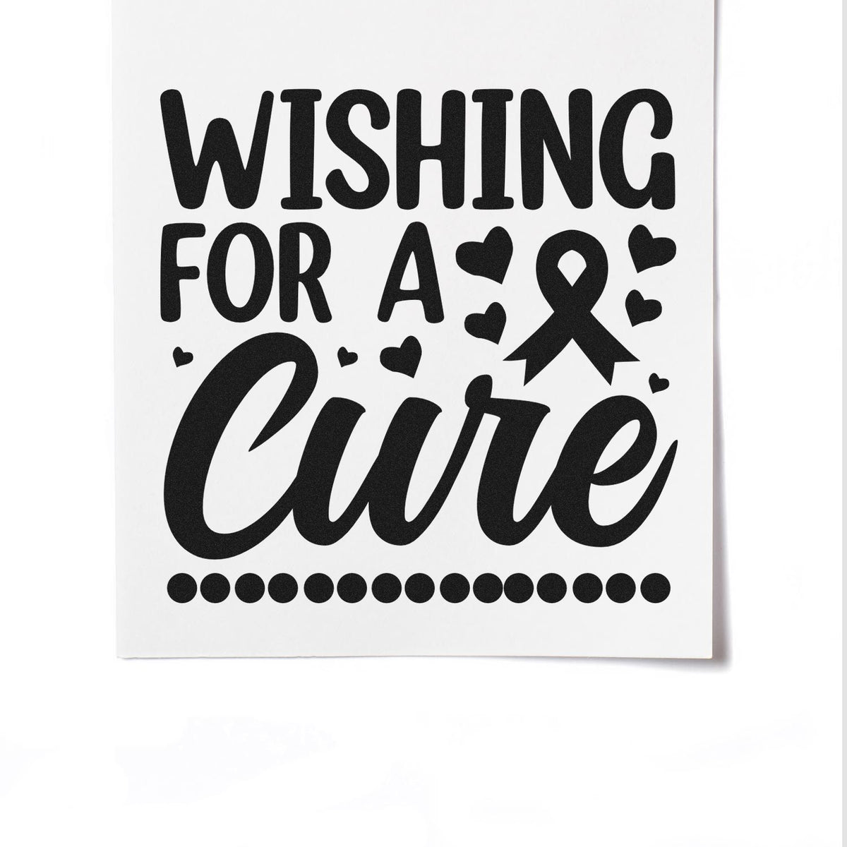 Black Wishing For A Cure stamp and seal design with ribbon, hearts, and dots on white.
