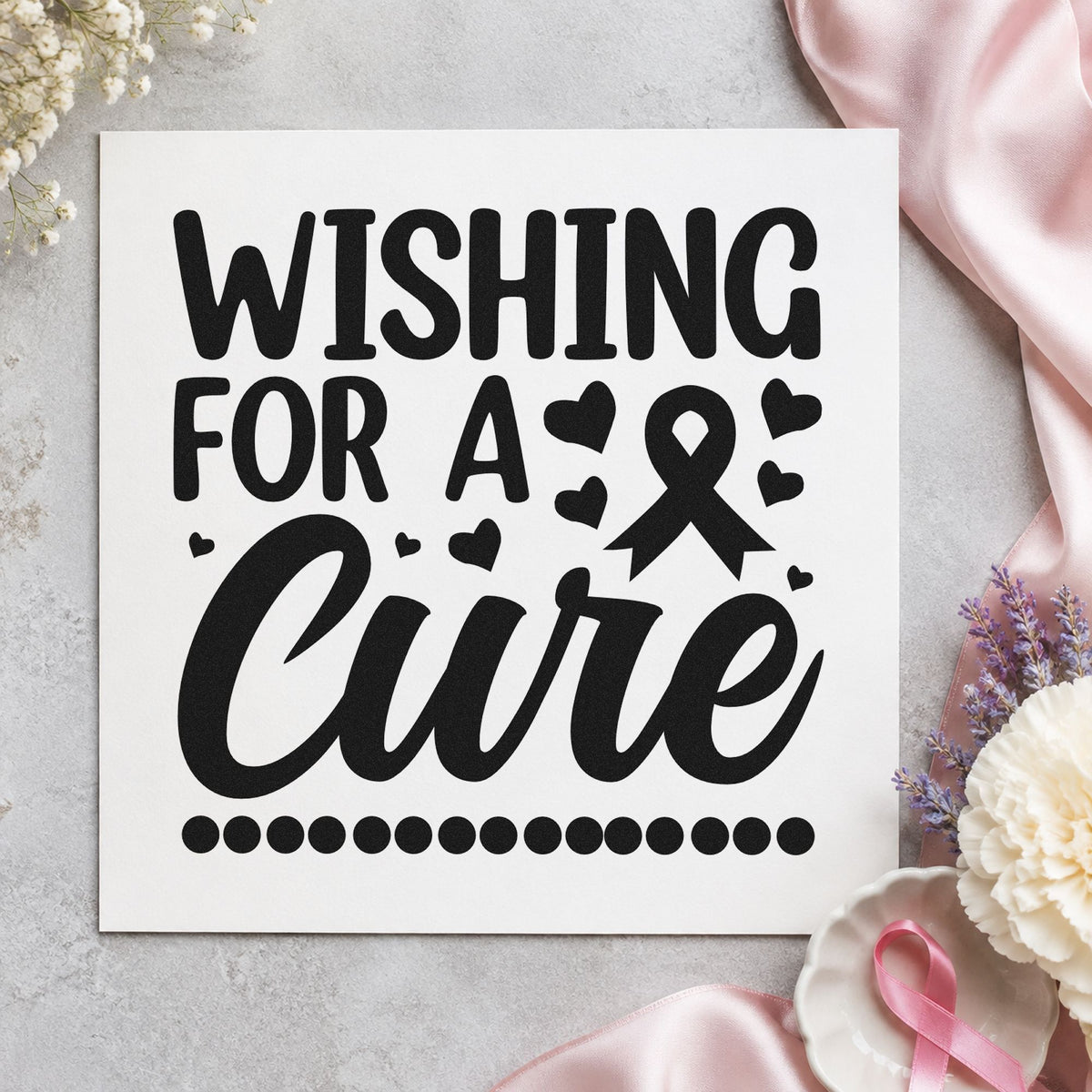 Wishing for a Cure rubber stamp printed in black ink, ready for scrapbook hope pages and similar paper crafts.