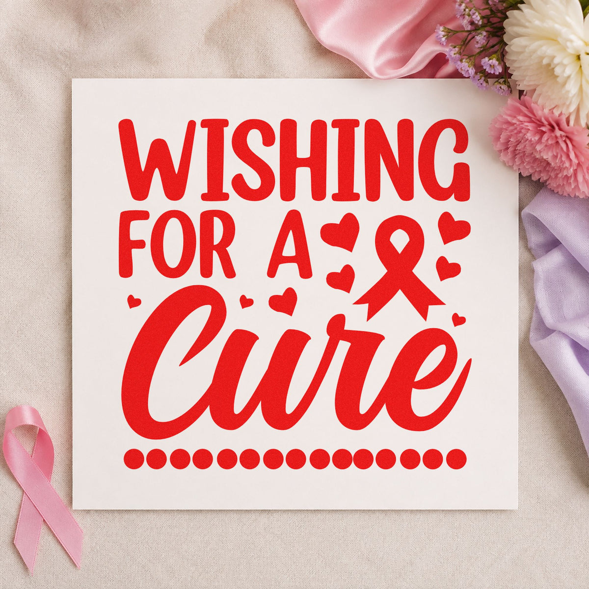 Wishing for a Cure rubber stamp shown in red ink, stamped for projects such as student kindness cards.